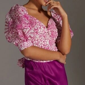 Meve Pink Floral Print Tie Crop Top Blouse Off Shoulder Puff Short Sleeve S